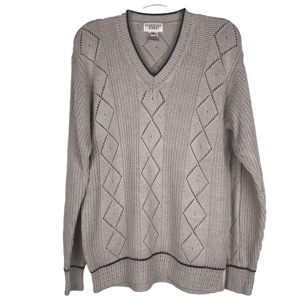 Carroll Reed Vintage Sweater V-Neck Open Knit Linen Cotton Blend Tan Size Medium